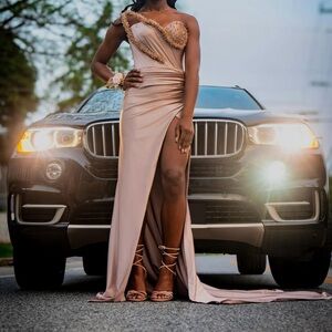 Champagne Strapless Asymmetrical Gown with Slit